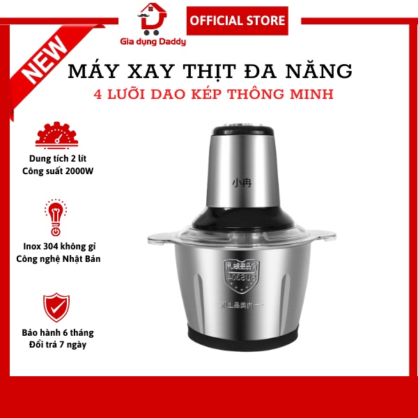 Máy xay thịt Inox 304 đa năng, Máy xay thực phẩm 4 lưỡi thông minh, Dung tích 2L, Bảo hành 6 tháng