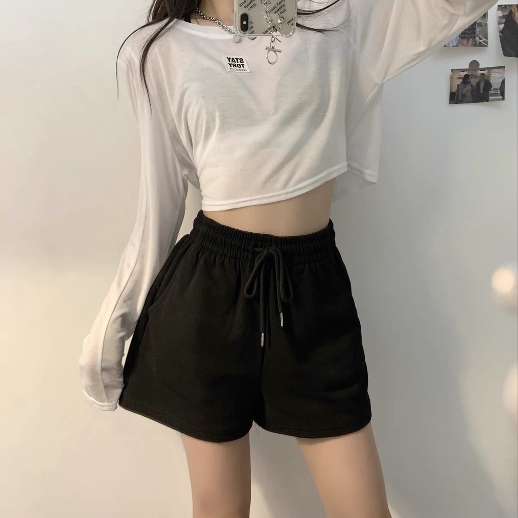 Quần đùi nữ mặc nhà chất thun tăm trắng đen sooc nữ cạp chun ulzzang Mophus MQ008