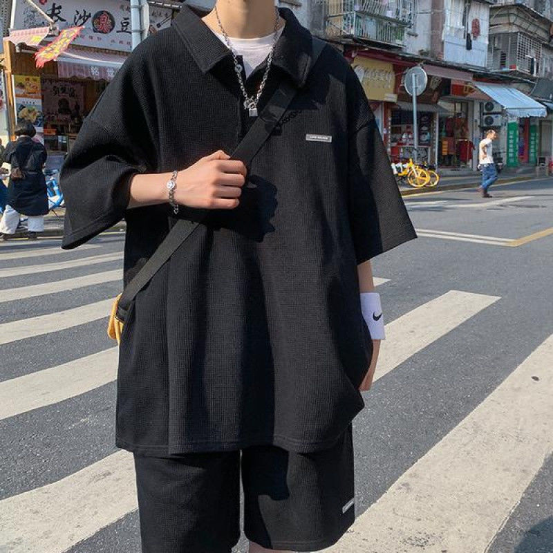 Set áo polo ngắn tay + quần short dáng rộng thời trang mùa hè phong cách Hàn Quốc cho nam