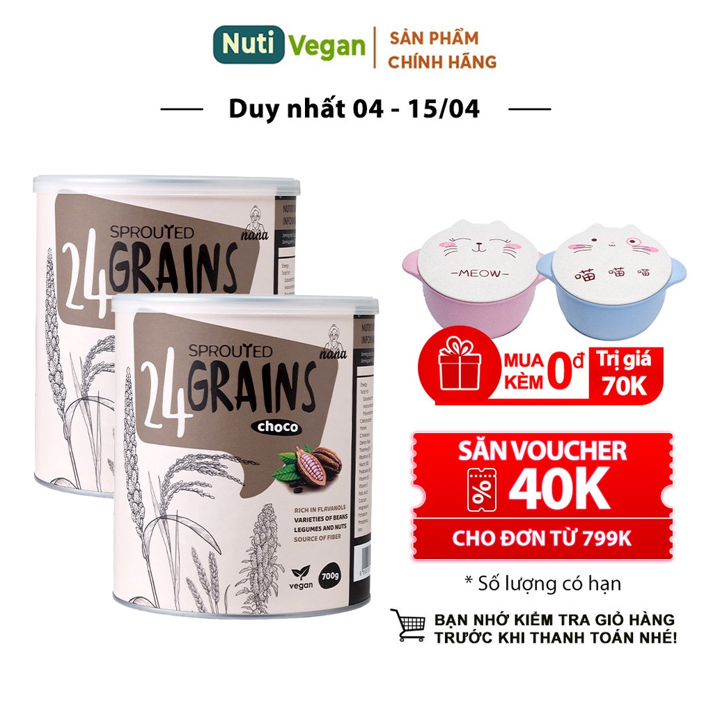 Sữa Hạt Hữu Cơ 24Grains Nhập Khẩu Malaysia, Hộp 700g Vị Cacao, Sữa Dinh Dưỡng Thuần Chay - nutivegan