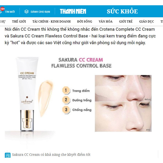 Kem trang điểm, chống nắng đa năng Sakura CC Cream Flawless Control Base SPF50+ PA++++ 40ml