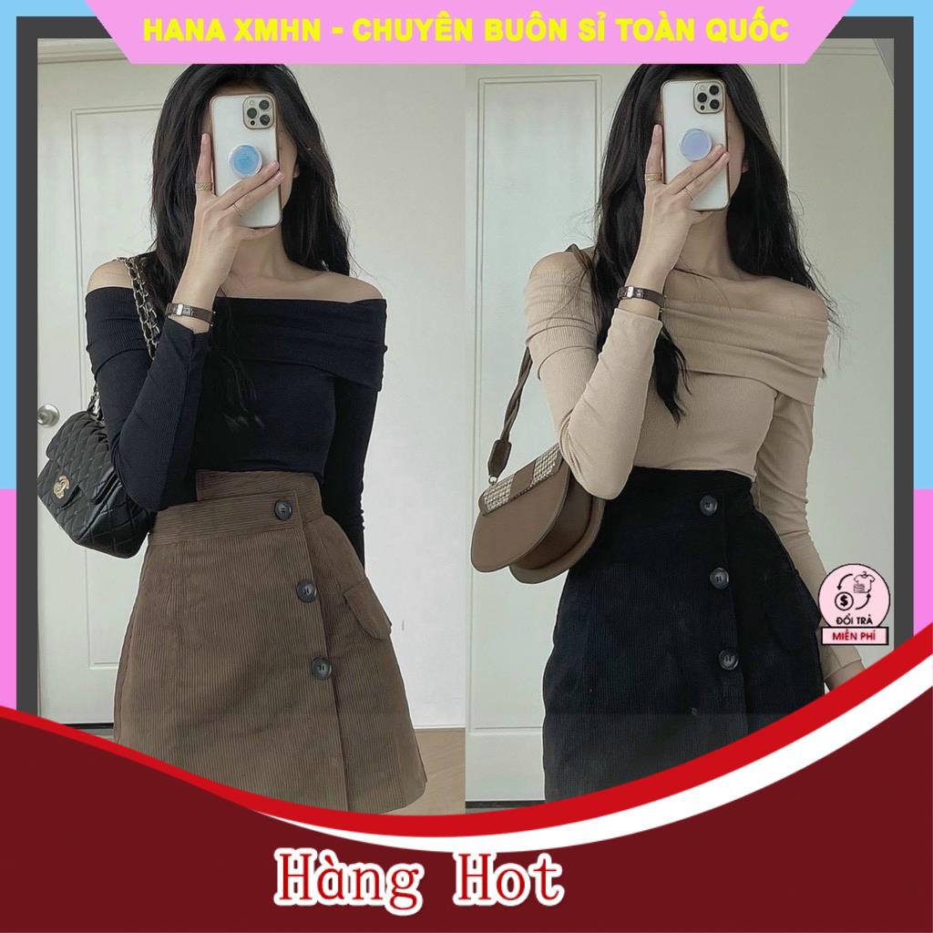 Áo Len Tăm Trễ Vai Nữ Chất Cotton Tăm Ôm Dáng Bán Áo Hoặc Chân Váy Riêng Hoặc Cả Set