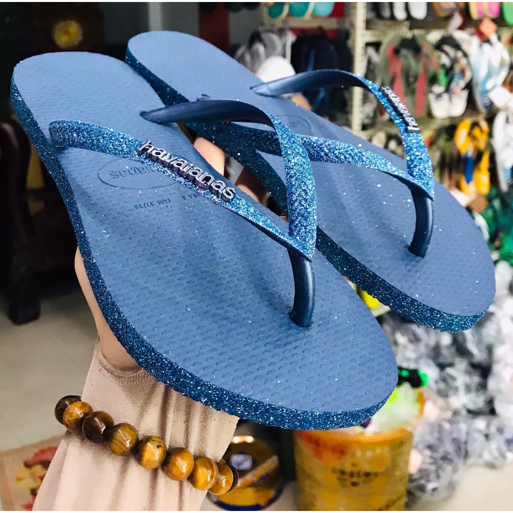Havaianas Dép Tông Nữ Kim Tuyến Viền Xanh Than Chính Hãng _ Hà Nhi Havaianas