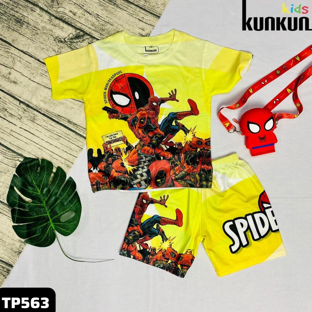 Quần áo trẻ em KUNKUN KID TP563 thun lạnh co giãn 4 chiều in 3D hình deadpool - Bộ cộc tay bé trai size đại từ 10-60kg