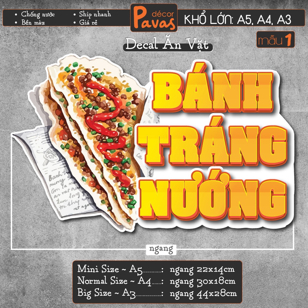Decal Bánh Tráng Trộn, Bánh Tráng Nướng, Hột Vịt Lộn chống nước trang trí dán quán trà sữa, cà phê, quán ăn. TTQ07