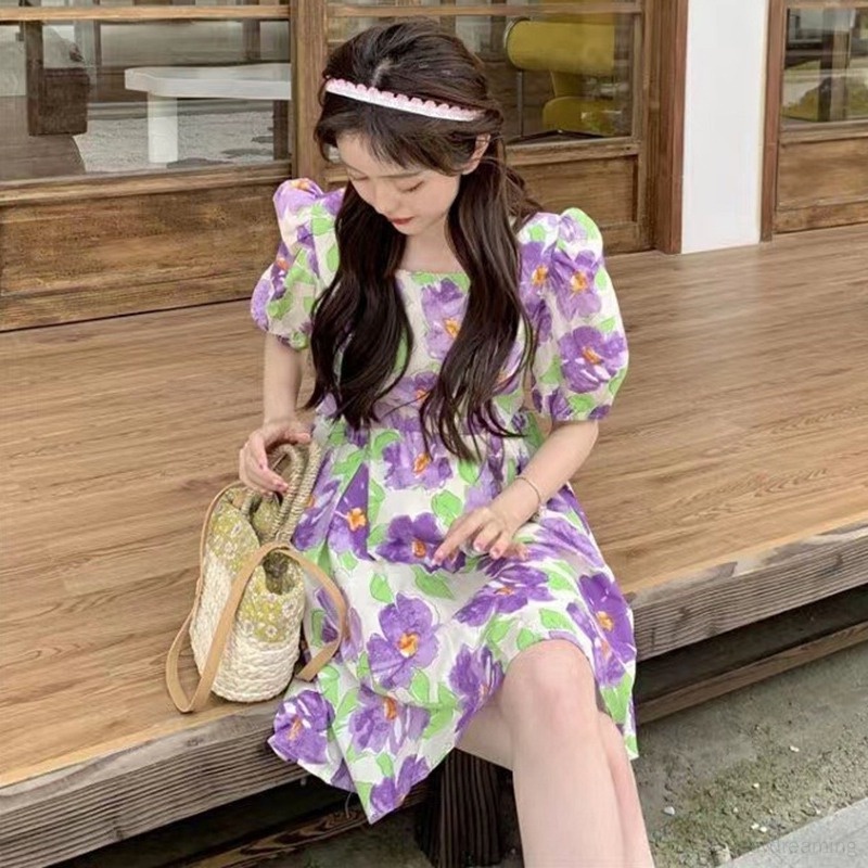 Đầm Tay Phồng Cổ Vuông Họa Tiết Hoa Xinh Xắn Phong Cách Hàn Quốc