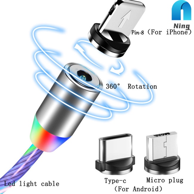 Dây Cáp Sạc Nhanh Truyền Dữ Liệu Có Đèn LED Đầu Nam Châm Cổng Micro USB Type-C Cho Điện Thoại Android IOS