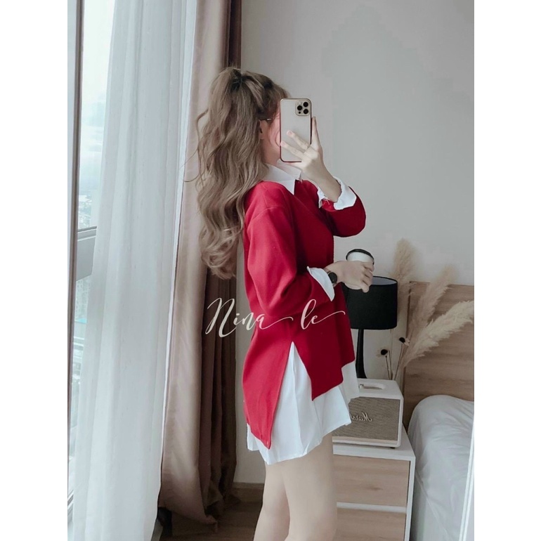 SÉT ĐẦM LỤA SƠ MI PHỐI ÁO THUN GÂN MÀU ĐỎ CHỨNG TỎ YÊU ANH CỰC HOT