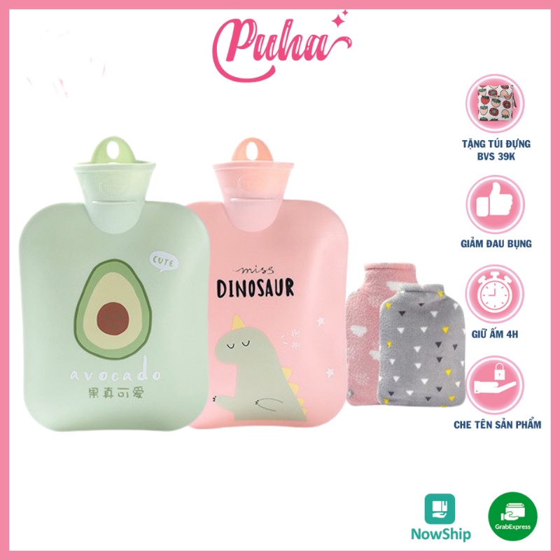 Túi nóng chườm bụng PUHA 900ml, túi chườm ấm nóng sưởi ấm bụng kinh giảm đau hiệu quả cho nữ, điều trị trấn thương.