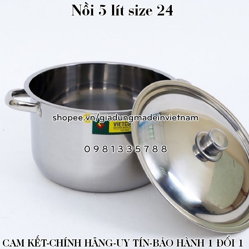 [VIETCOOK OFFICIAL] Nồi inox 5 lít Vietcook size 24 sử dụng trên bếp từ, nồi luộc gà nấu canh inox