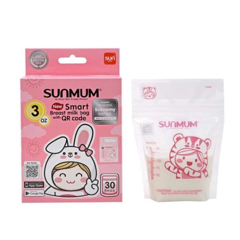 Hộp 30 Túi Trữ Sữa Sunmum 100ml Thương Hiệu Thái Lan Màu Hồng, 3 Khoá Zip, Vạch Chia Đựng Tối Đa 150ml