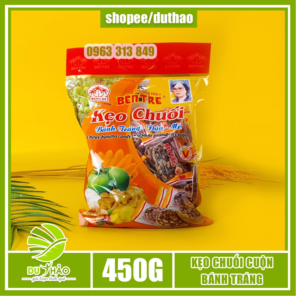 Kẹo chuối cuộn đậu phộng Bến Tre Hai Tỏ 450g, đặc sản kẹo chuối Bến Tre