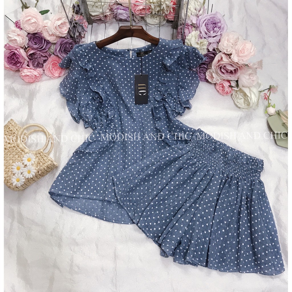 Set bộ đồ ngủ nữ mặc ở nhà áo xanh quần ngắn họa tiết tim S091 - MC phân phối chính thức ( kèm ảnh thật shop tự chụp)