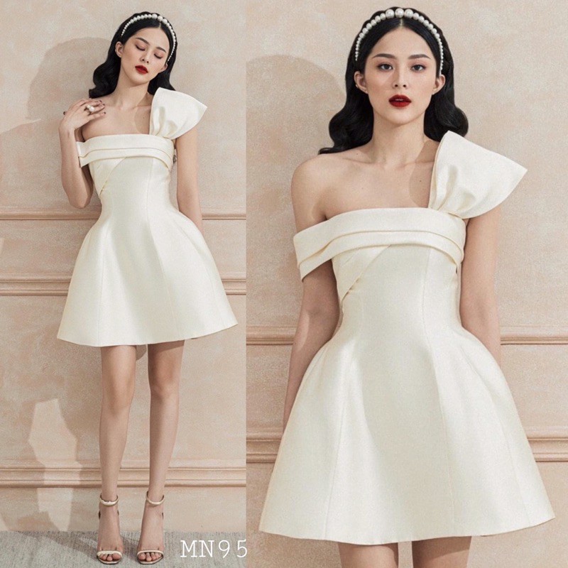 Đầm dự tiệc đầm sang trọng đầm dáng xoè Taffta nơ ngực chéo vai đi chơi dạo phố công sở - MN95 - Đầm Váy Mina
