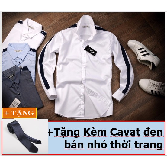 ÁO SƠ MI NAM SỌC ĐEN CÁNH TAY TẶNG CÀ VAT ĐEN BẢN NHỎ THỜI TRANG