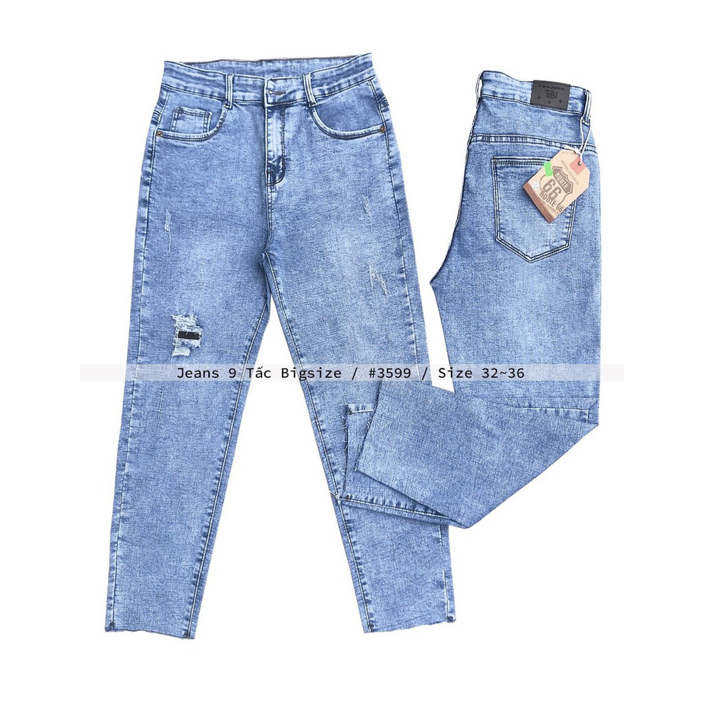 { SIZE 60-90KG} QUẦN JEAN LỠ 9 TẤC BIG SIZE XANH NHẠT RÁCH ( CÓ LỚP VÁ BÊN TRONG)