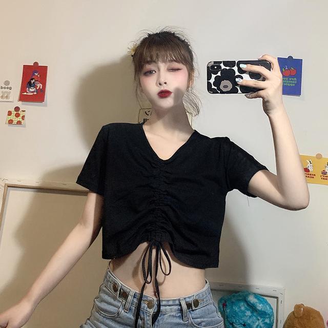 Áo croptop trơn nữ cổ chữ V tay ngắn phiên bản Hàn Quốc áo thun JL-TX-105