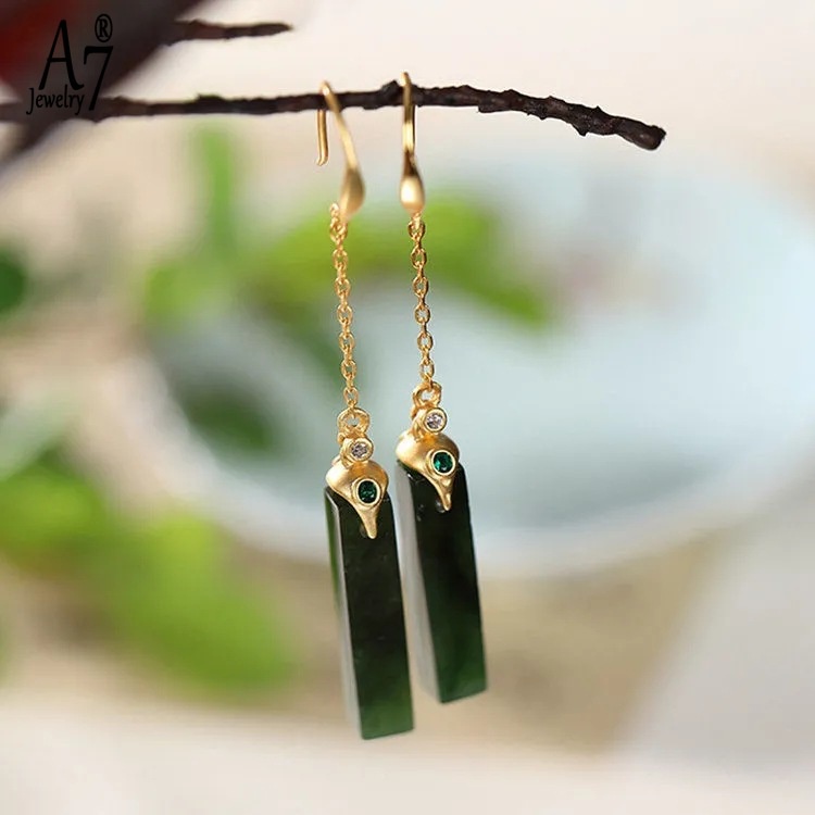 Khuyên Tai Bạc A7 S925 Dáng Vuông Dài Đính Đá Ngọc Bích Thời Trang Cho Nữ