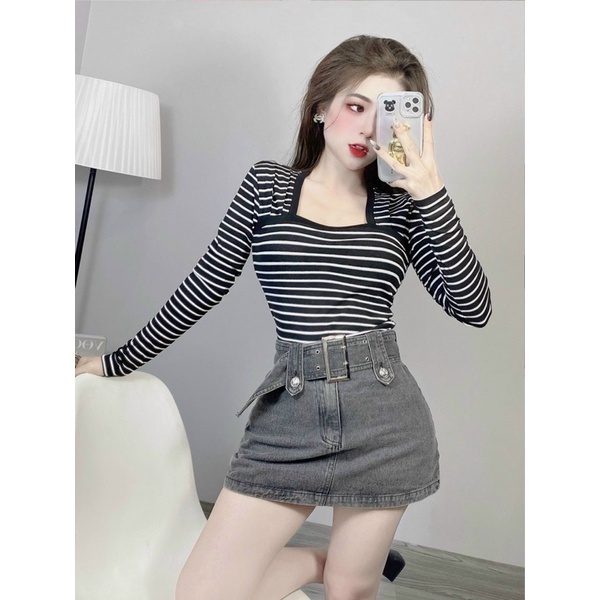 ÁO THUN TĂM CỔ VUÔNG KẺ NGANG DÁNV BASIC MS10581