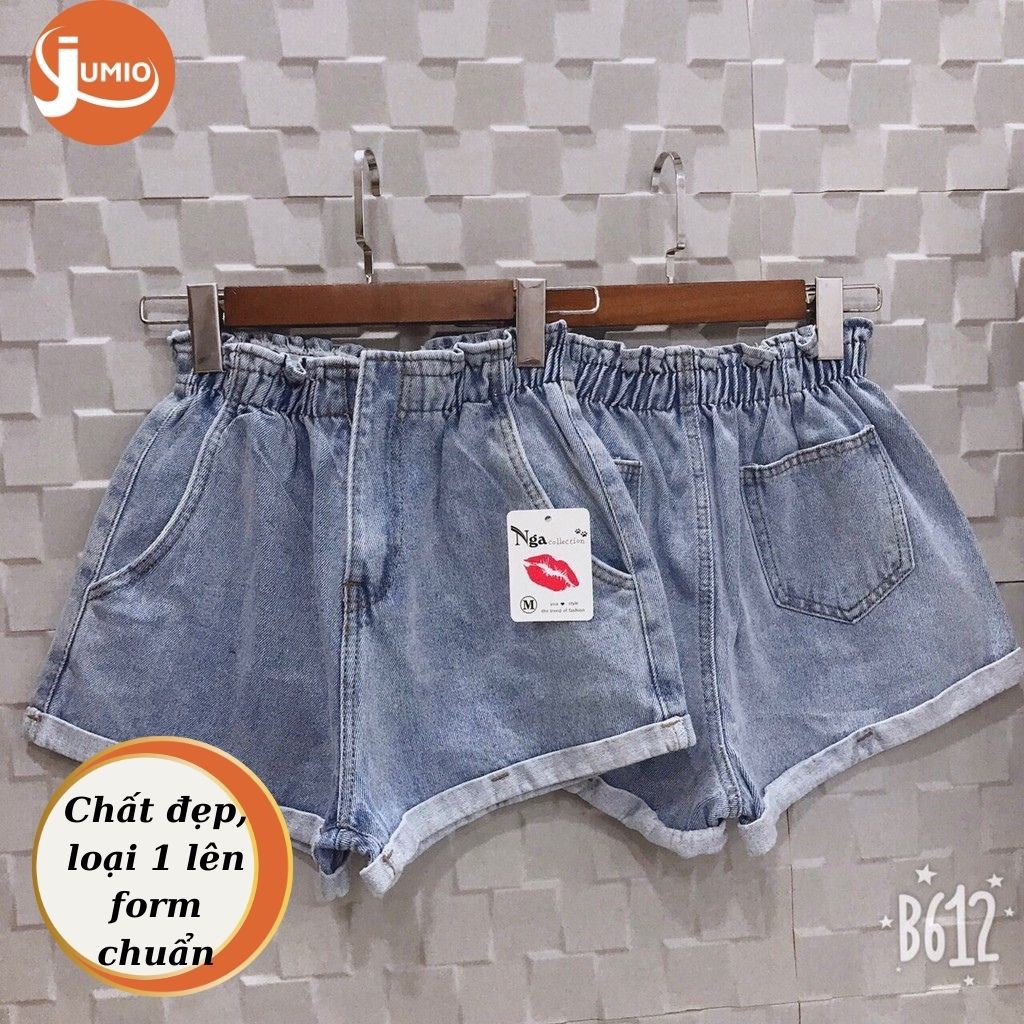 Quần đùi jean nữ ống rộng cạp cao cá tính, quần short bò nữ chun gập gấu JUMIO