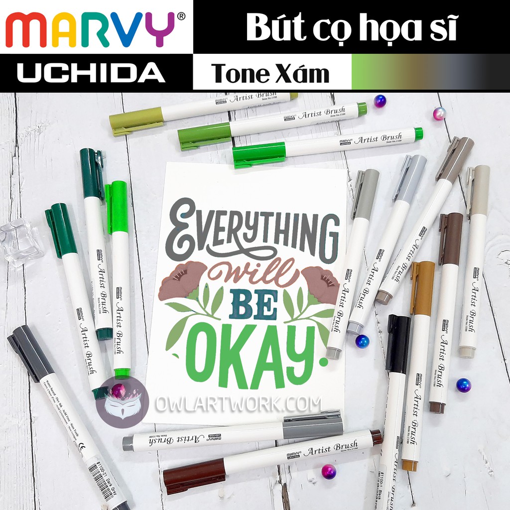 Cây Lẻ - Bút Cọ Màu Nước MARVY UCHIDA Tone Xanh, Xám - Artist Brush