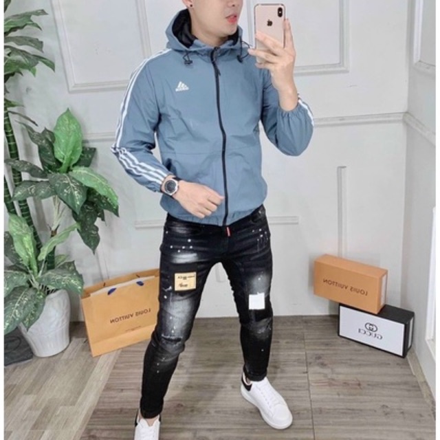 Áo khoác gió ads nam nữ 3 sọc phối 2 màu phối viền 3 kẻ sọc có mũ 2 lớp dày dặn