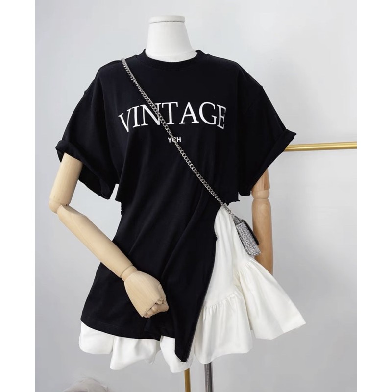 ❣️Set Áo Thun Đen Thụng Vintage Mix Chân Váy Trắng Xoè🍒 Set Đồ Xinh Xắn[ẢNH THẬT SHOP CHỤP]