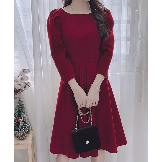 Đầm nhung tay dài dáng xoè 2 màu Đỏ/Nâu | BigBuy360 - bigbuy360.vn