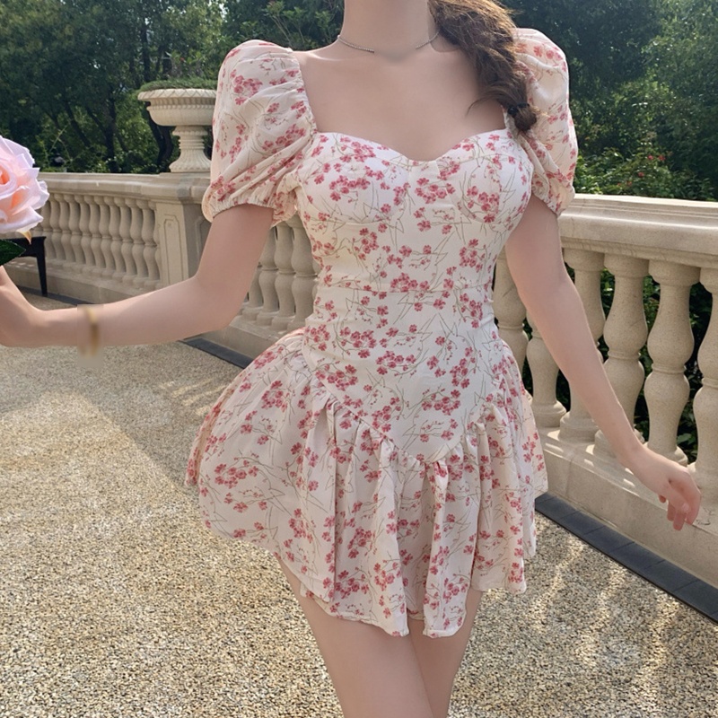 Brroa Đầm Tay Ngắn Phồng Cổ Vuông Xếp Ly Viền Bèo Nhún In Họa Tiết Hoa Phong Cách Pháp Cổ Điển Thời Trang Cho Nữ