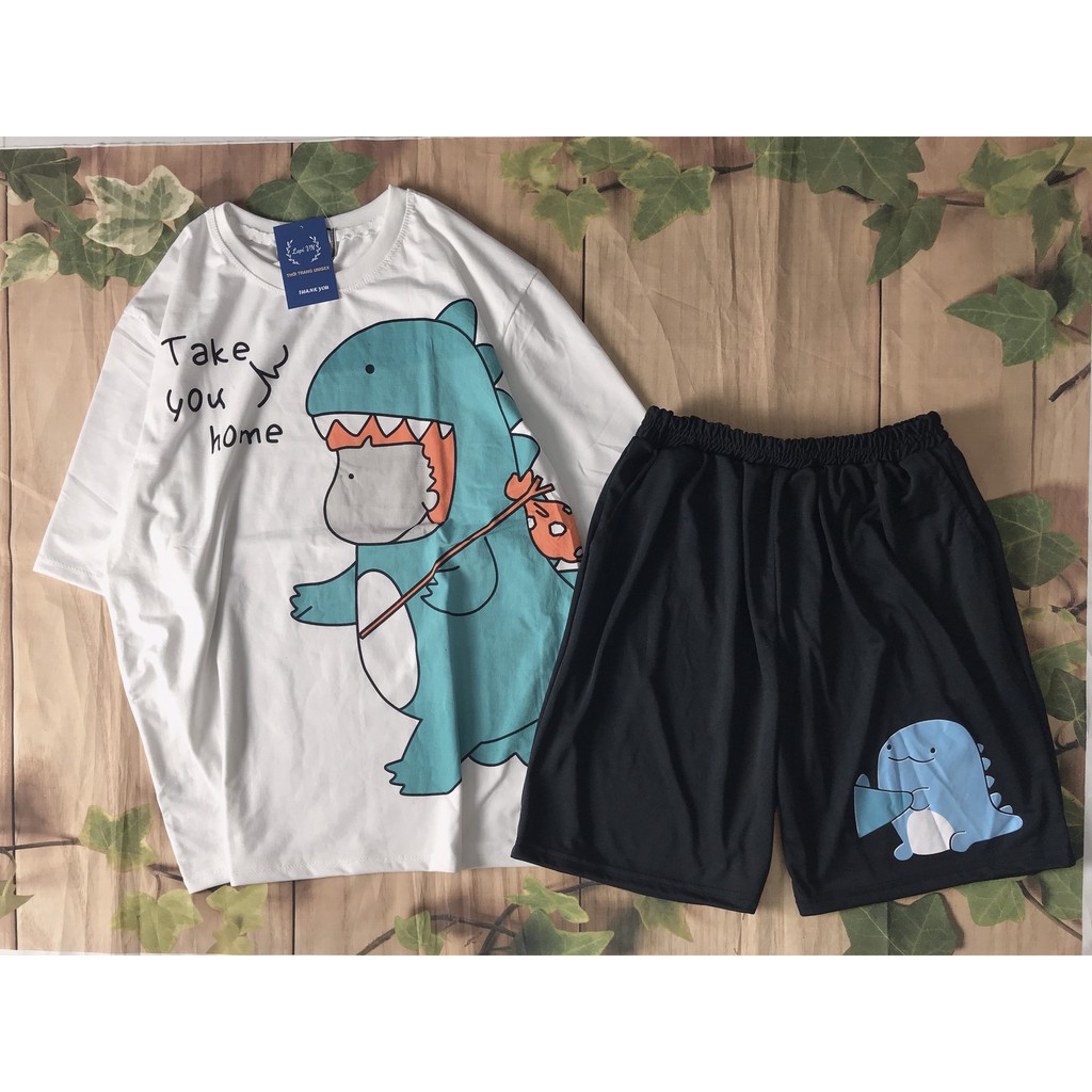 [ẢNH THẬT] Set Đồ Bộ Khủng Long &quot; TAKE YOU HOME&quot;  cartoon 3D Cute -Lapi VN Áo+ Quần Đùi Vải Thun Cotton, Freesize,Tay Lỡ