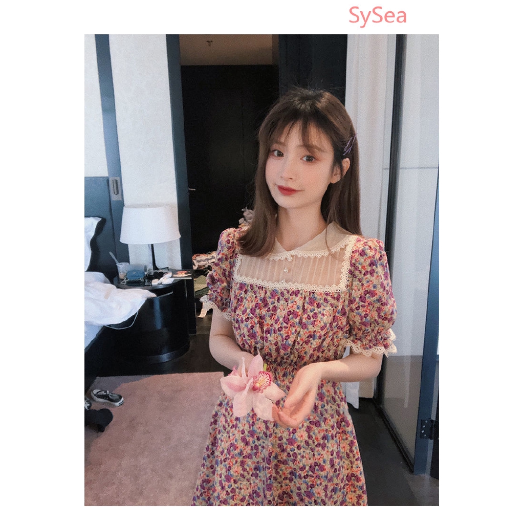 Đầm midi in hoa phối ren phong cách retro mùa hè cho nữ