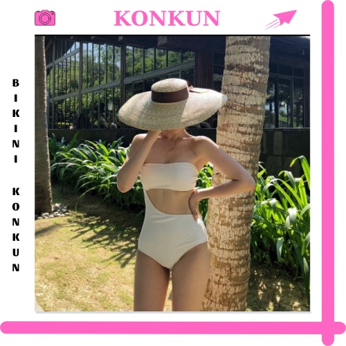 Sét bikini nữ liền thân màu trắng cổ yếm cut out KONKUN MS32