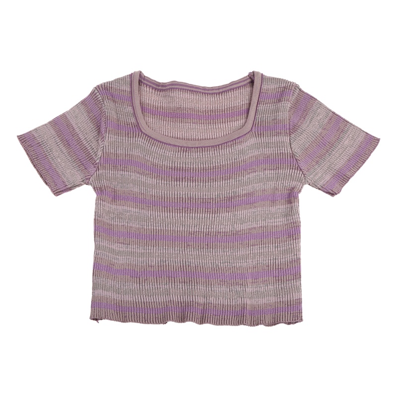 Áo Croptop Dệt Kim Tay Ngắn Cổ Vuông Họa Tiết Kẻ Sọc Màu Tương Phản Thời Trang Cho Nữ Bl