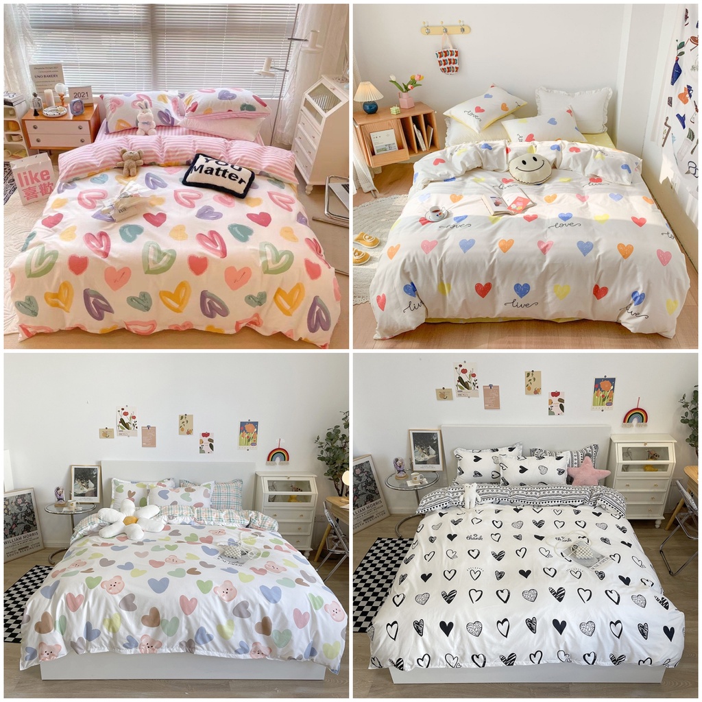 Bộ chăn ga gối 4 món kèm vỏ gối cotton poly trái tim vintage , Bộ ga gối drap giường bo chun - Otama Bedding | BigBuy360 - bigbuy360.vn