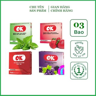 Bao cao su Ok Hương Dâu Tây - Bạc Hà - Nho - Không Mùi - Hộp 3 chiếc