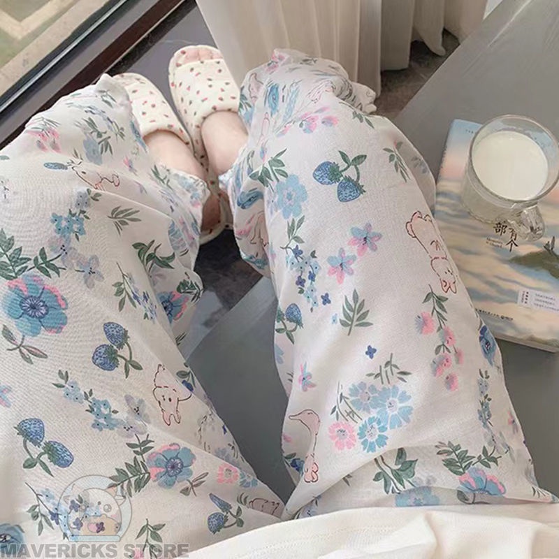 Quần Pijama Ống Rộng Họa Tiết Hoa Thoải Mái Thoáng Khí Cho Nữ
