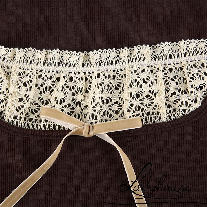 Áo Dệt Kim Tay Dài Phối Ren Đính Nơ Thời Trang Dành Cho Nữ