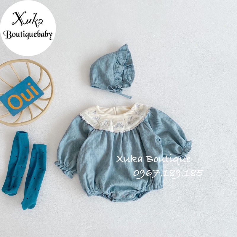 Set Bodysuit Dài Tay Cổ Nhung Cherry Kèm Mũ Bé Gái Dễ Thương - Xuka Boutique - Quần Áo Trẻ Em phong cách Hàn Quốc
