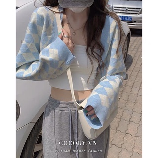 Cocorygirl Áo cardigan croptop dệt kim tay dài dáng rộng họa tiết caro cổ điển cho nữ