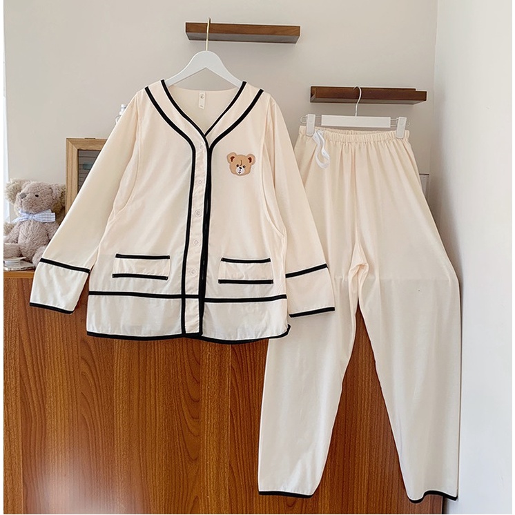 Đồ bộ bầu và sau sinh cho con bú hình bear viền dáng pyjamas cao cấp trẻ trung lịch sự mặc khi ở cữ.