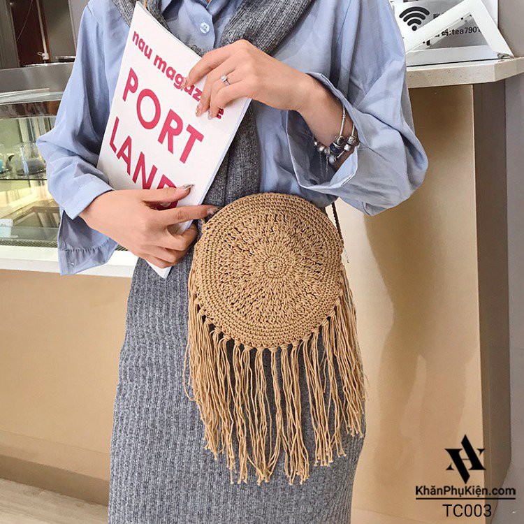 [NowShip - Giao Ngay] Túi Cói Boho Vintage Đeo Vai, Đeo Chéo Hình Tròn Đính Tua Rua Màu Nâu Be Trơn
