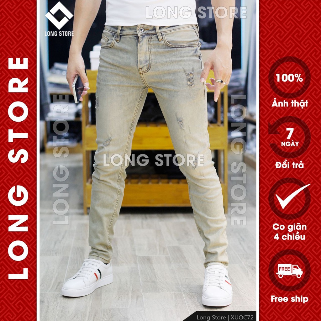 Quần jean nam rách xước cao cấp màu xanh bạc bụi chất bò co giãn ống đứng dáng ôm skinny LONGARES Xuoc72