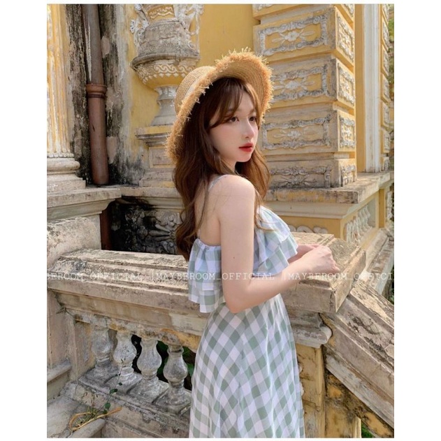 Đầm midi 2 dây caro xanh bèo đi biển có mút ngực lớp lót trong
