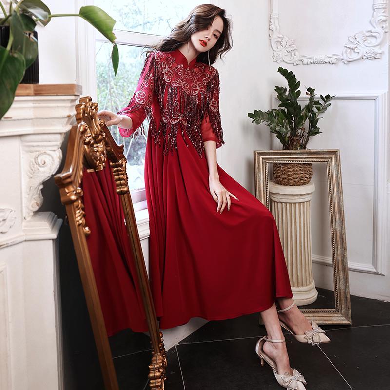 :: Đầm Dự Tiệc Cưới Tay Dài Hở Lưng Cỡ Lớn Màu Đỏ Rượu Vang Sang Trọng Cho Phụ Nữ Mang Thai