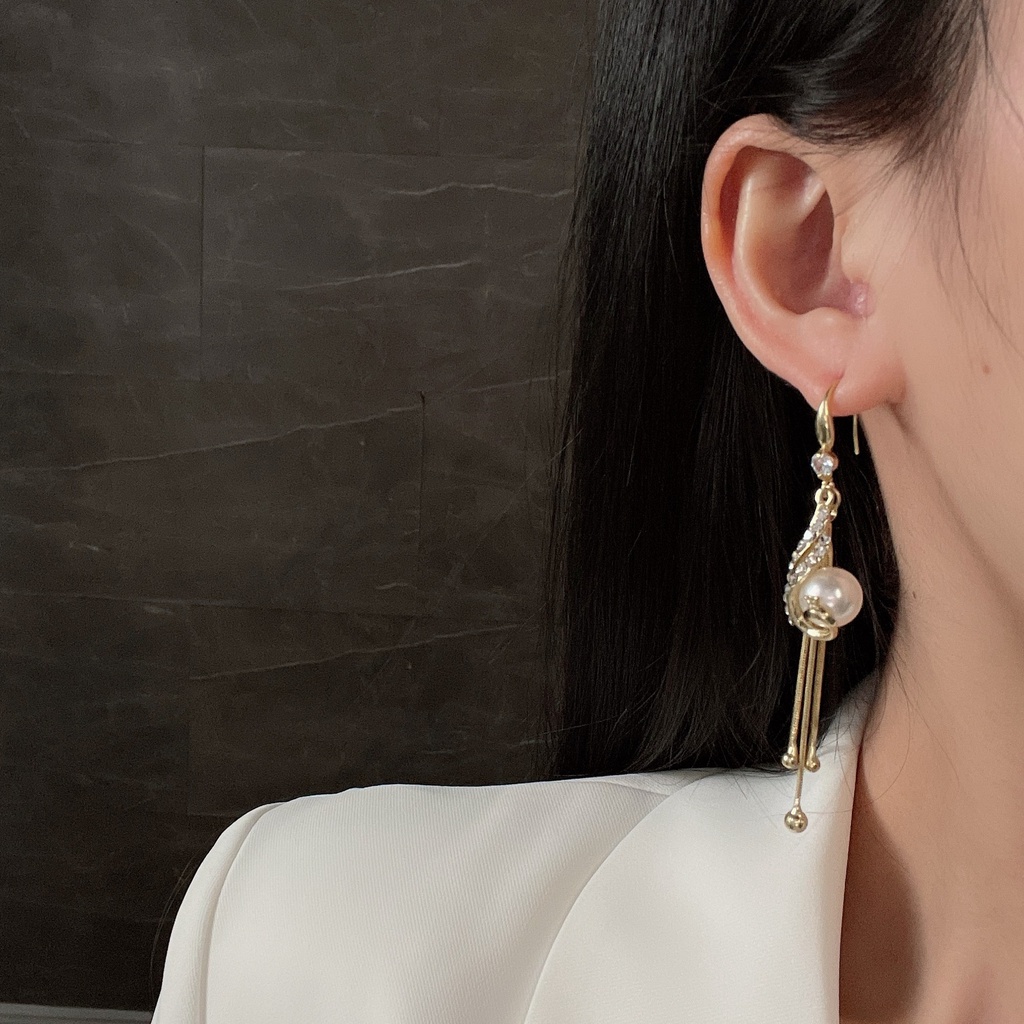 Bông Tai Thép Titan Hình Chim Phượng Hoàng Đính Ngọc Trai Phối Tua Rua Kiểu Retro Trung Hoa