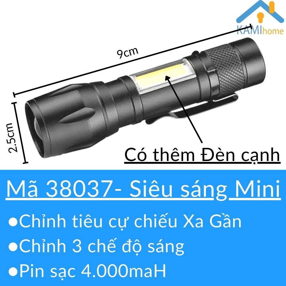 Đèn pin mini siêu sáng sạc tích điện vỏ kim loại có đèn led phụ KM38037