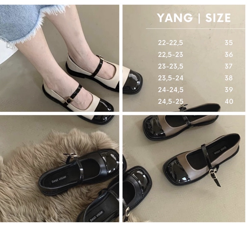 Giày búp bê mũi vuông hai màu, giày búp bê dây cài dễ phối đồ