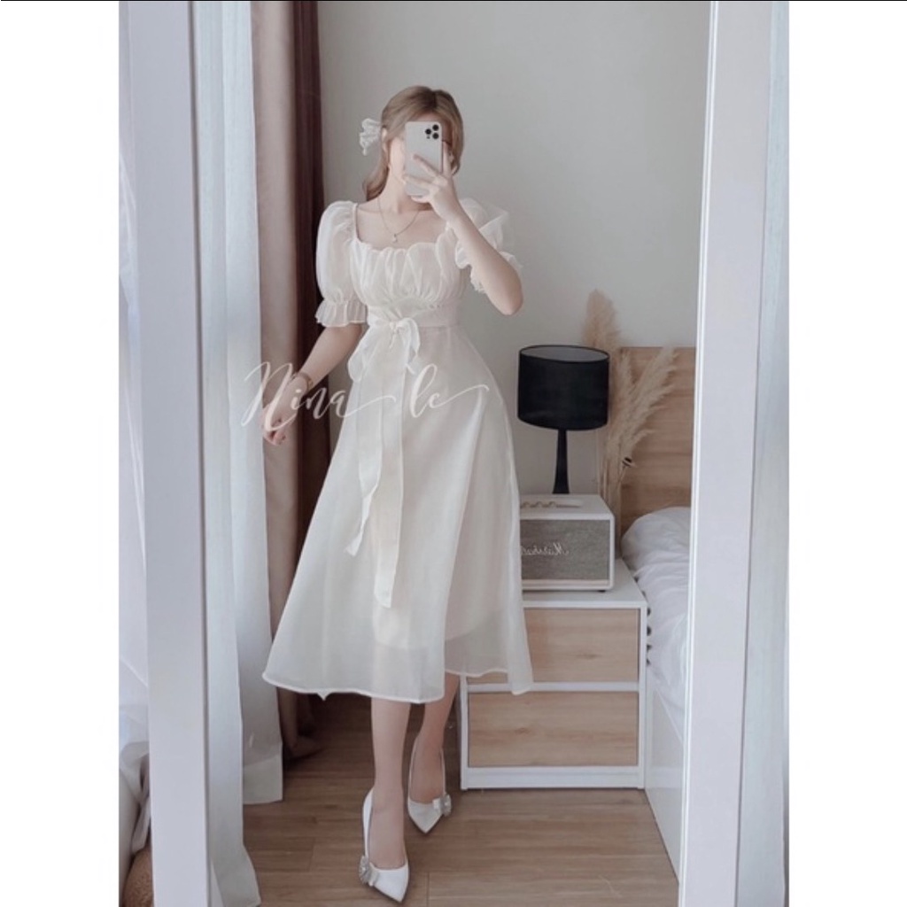 Váy trắng tiểu thư tay bồng dáng dài, Váy trắng dự tiệc chụp hình kỷ yếu bao xinh hàng cao cấp