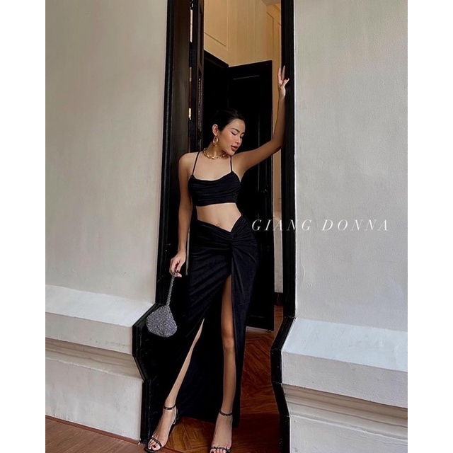 Set áo croptop nhũ 2 dây + Chân váy xẻ tà thiết kế