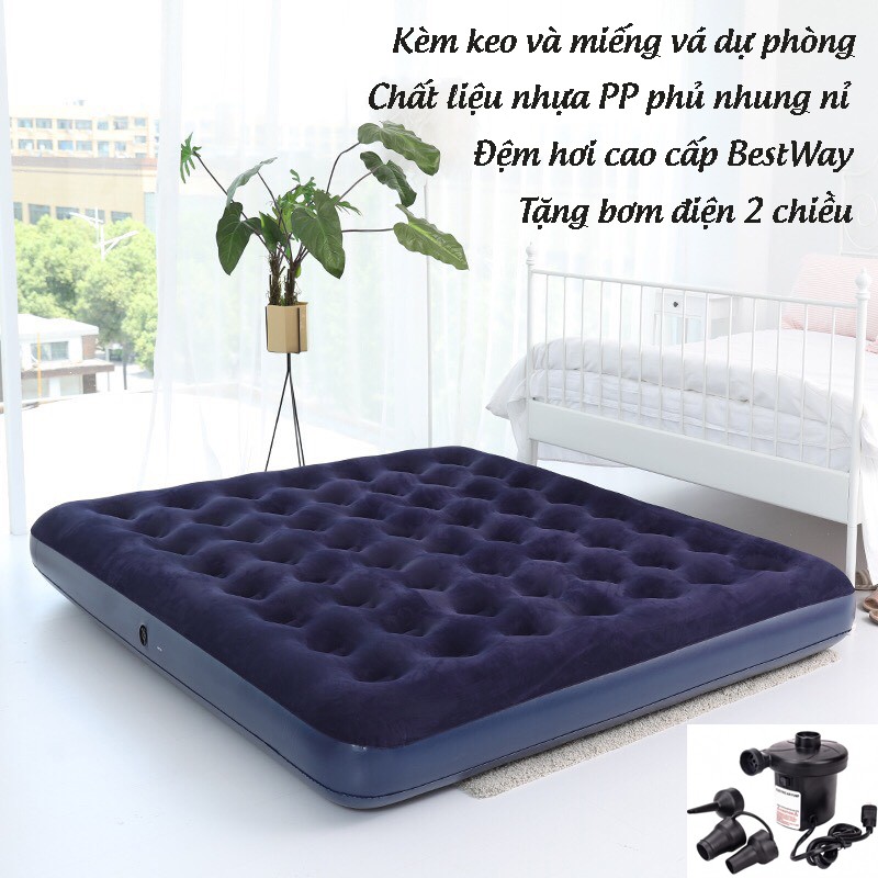 Đệm Hơi Cao Cấp BestWay Phủ Nhung Nỉ Tải Trọng 300kg Kèm Bơm Điện 2 Chiều Và Miếng Vá Dự Phòng HB88